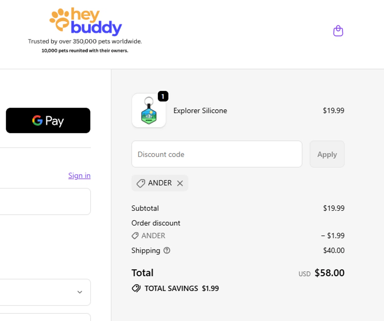 HeyBuddy discount code screenshot showing code ANDER applied at HeyBuddy checkout page. Uploaded by SimplyCodes community member Loki_Odinson on Dec 4, 2025