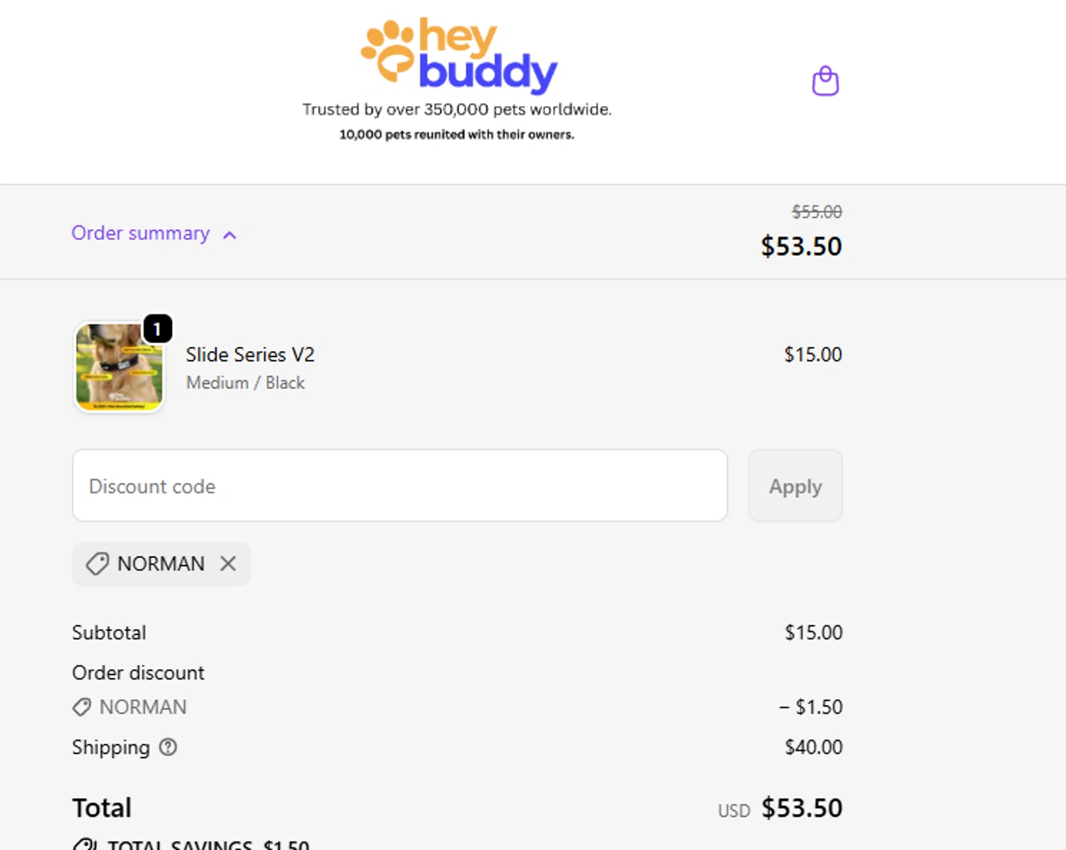 HeyBuddy discount code screenshot showing code NORMAN applied at HeyBuddy checkout page. Uploaded by SimplyCodes community member gaaaaaaara on Oct 10, 2025