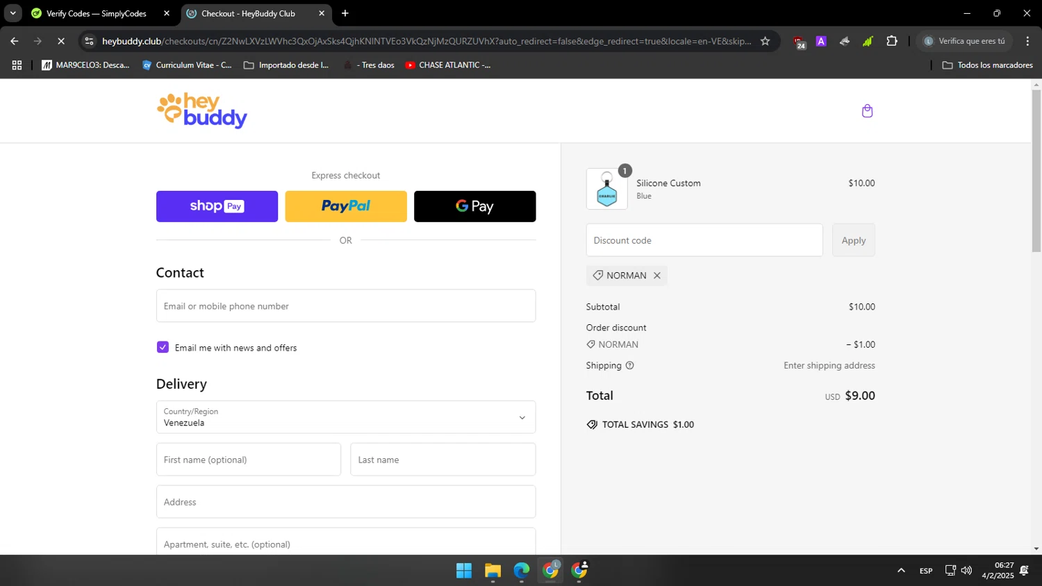 HeyBuddy discount code screenshot showing code NORMAN applied at HeyBuddy checkout page. Uploaded by SimplyCodes community member yasabesssss on Feb 4, 2025