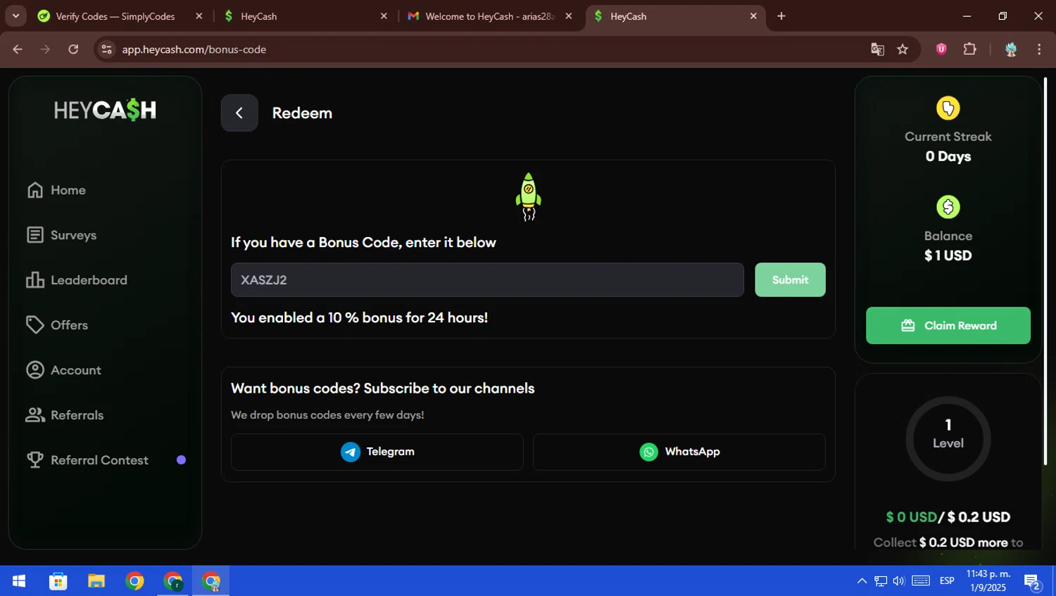 Hey Cash promo code screenshot showing code XASZJ2 applied at Hey Cash checkout page. Uploaded by SimplyCodes community member ScanFalcon6148 on Sep 2, 2025