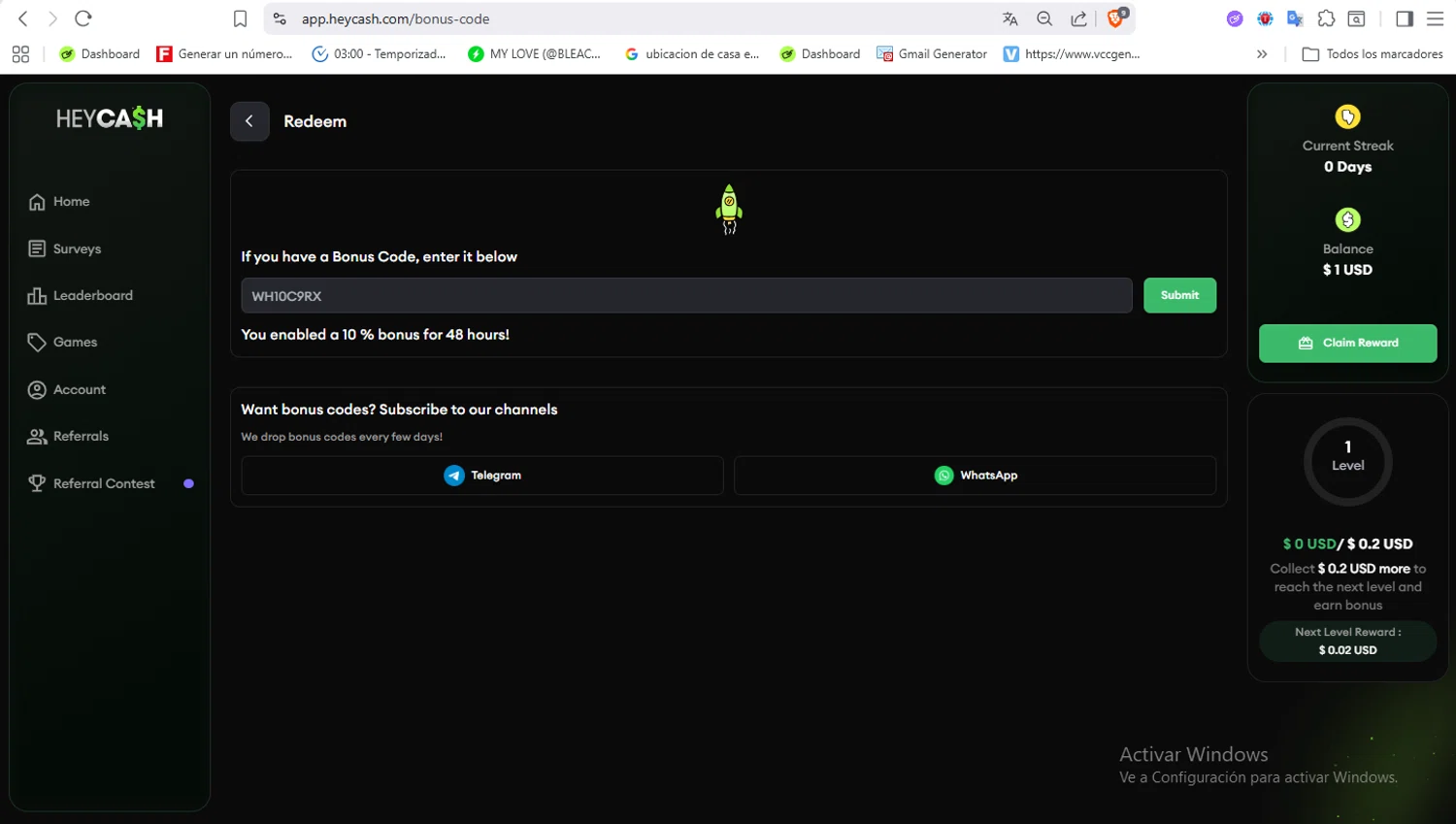 Hey Cash promo code screenshot showing code WH10C9RX applied at Hey Cash checkout page. Uploaded by SimplyCodes community member VoucherFalcon3942 on Nov 14, 2025
