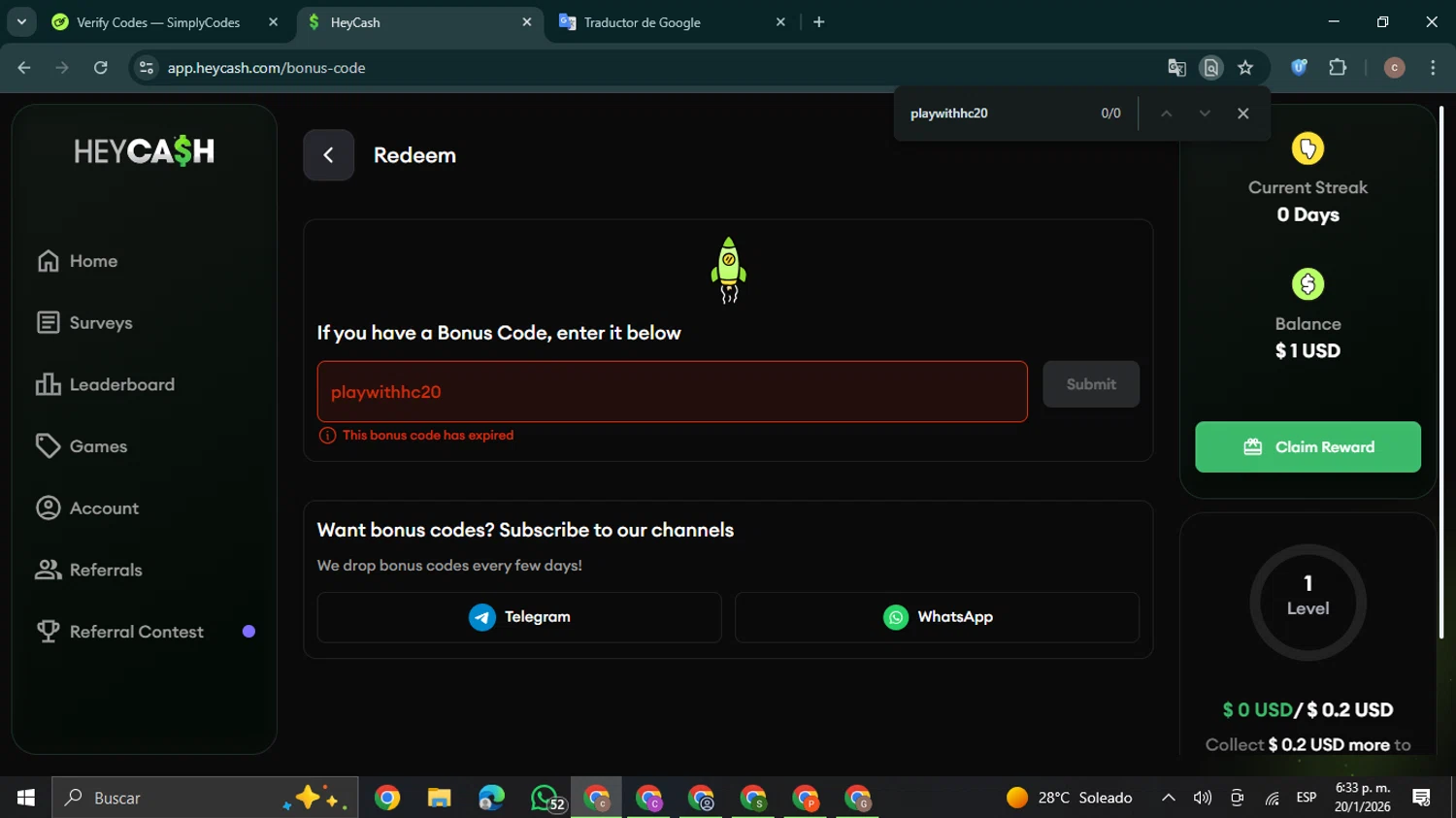 Hey Cash promo code screenshot showing code playwithhc20 applied at Hey Cash checkout page. Uploaded by SimplyCodes community member NobleExpert6497 on Jan 20, 2026
