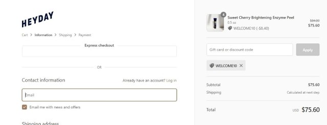 Heyday checkout page showing Heyday promo code box | Screenshot taken by SimplyCodes community member on Dec 29, 2021