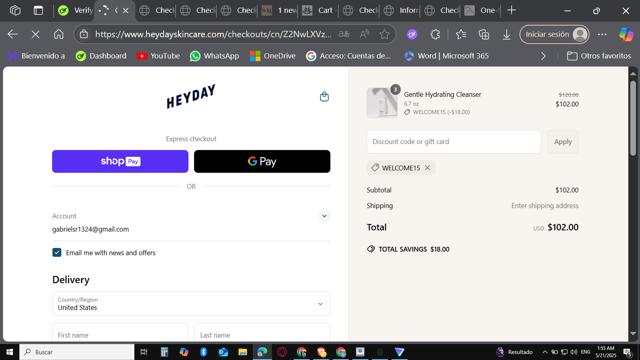 Heyday Skincare checkout page showing Heyday Skincare promo code box | Screenshot taken by SimplyCodes community member on May 21, 2025