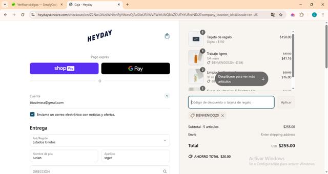 Heyday Skincare checkout page showing Heyday Skincare promo code box | Screenshot taken by SimplyCodes community member on Apr 5, 2025