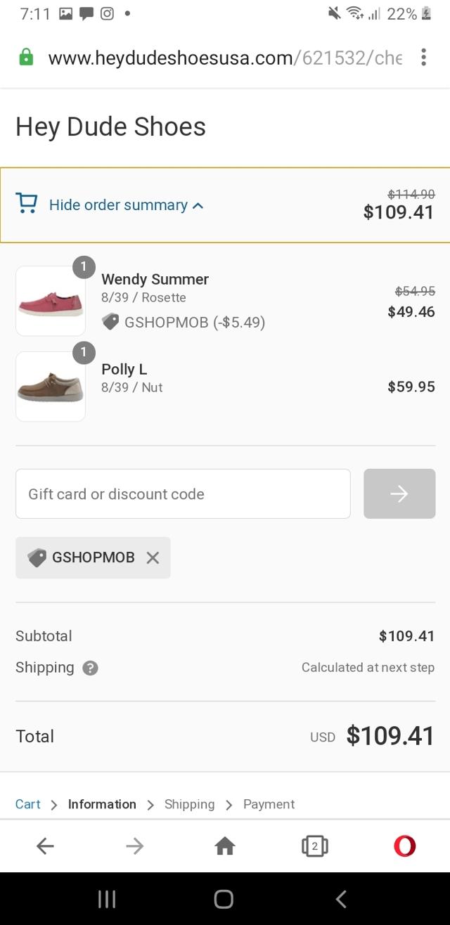 HEYDUDE checkout page showing HEYDUDE discount code box | Screenshot taken by SimplyCodes community member on Mar 23, 2021