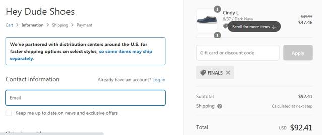 HEYDUDE checkout page showing HEYDUDE discount code box | Screenshot taken by SimplyCodes community member on Mar 23, 2021