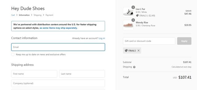 HEYDUDE checkout page showing HEYDUDE discount code box | Screenshot taken by SimplyCodes community member on May 6, 2021