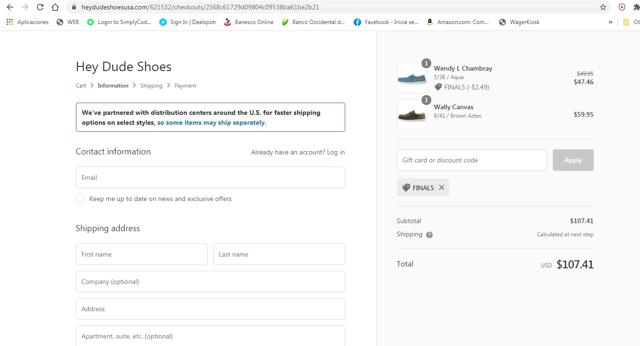 HEYDUDE checkout page showing HEYDUDE discount code box | Screenshot taken by SimplyCodes community member on Mar 15, 2021