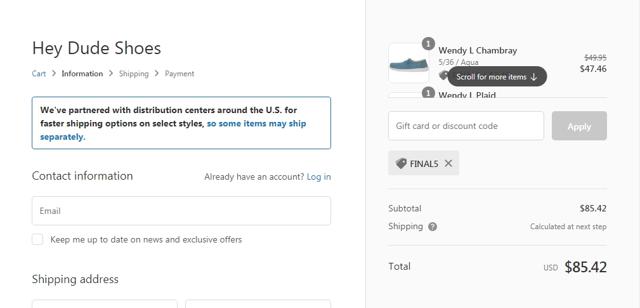 HEYDUDE checkout page showing HEYDUDE discount code box | Screenshot taken by SimplyCodes community member on Mar 15, 2021