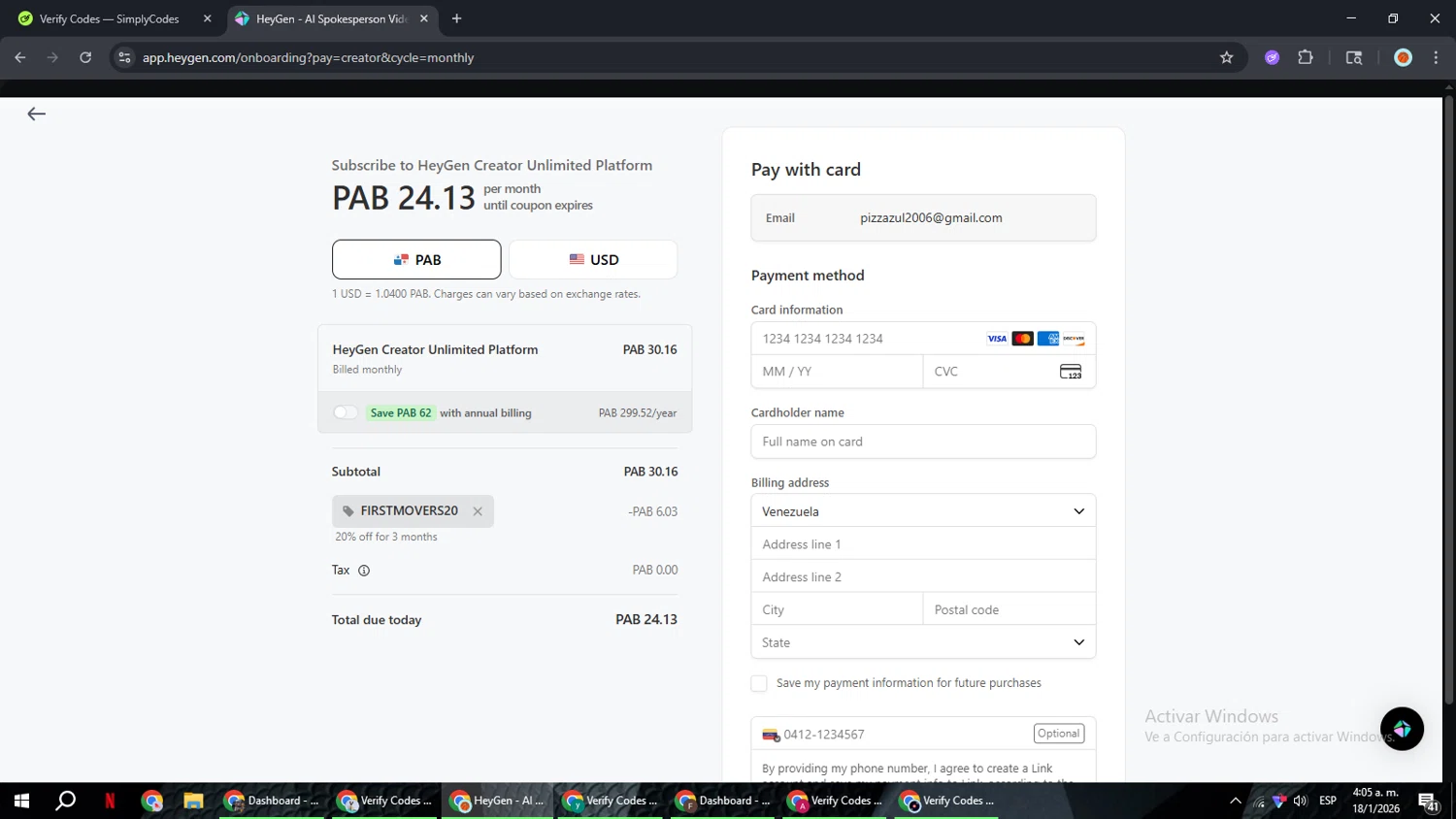 HeyGen checkout page showing HeyGen discount code box | Screenshot taken by SimplyCodes community member on Jan 18, 2026