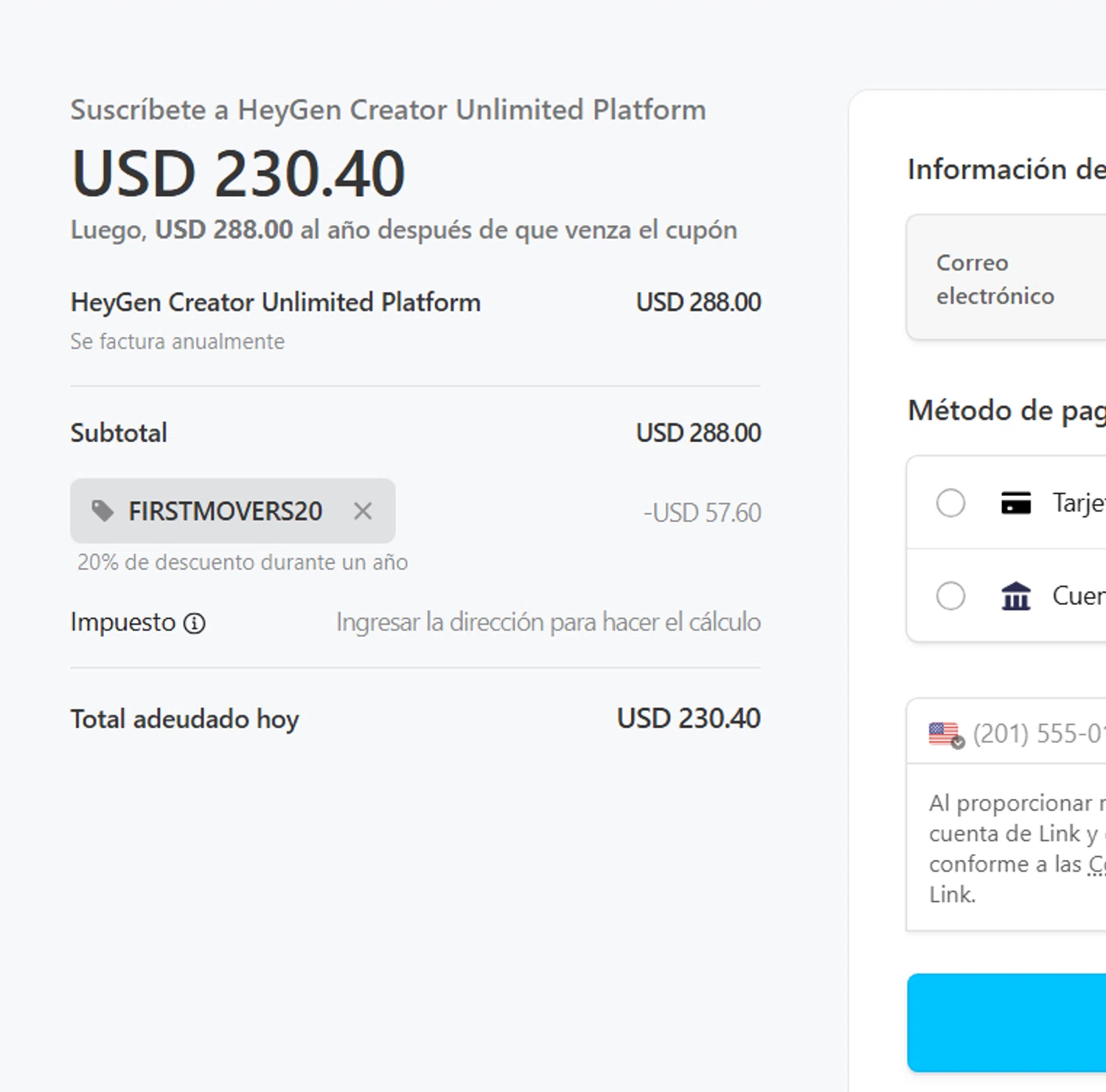 HeyGen discount code screenshot showing code FIRSTMOVERS20 applied at HeyGen checkout page. Uploaded by SimplyCodes community member Jose_515 on Oct 27, 2025