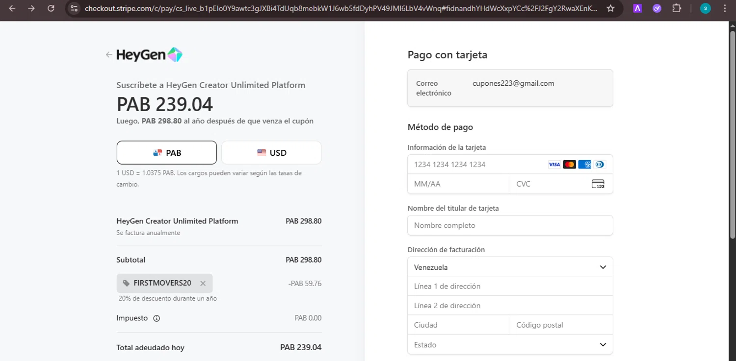 HeyGen discount code screenshot showing code FIRSTMOVERS20 applied at HeyGen checkout page. Uploaded by SimplyCodes community member ValiantChaser7723 on Dec 30, 2025