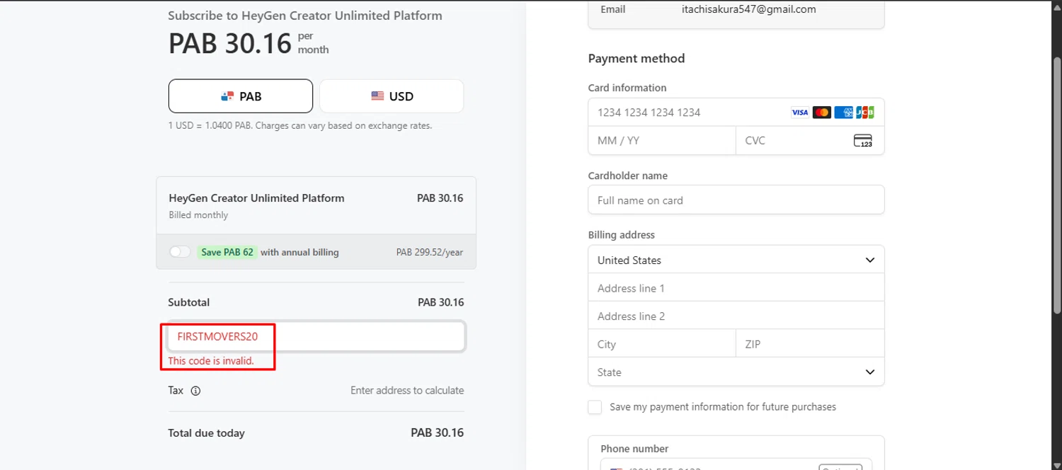 HeyGen discount code screenshot showing code FIRSTMOVERS20 applied at HeyGen checkout page. Uploaded by SimplyCodes community member noworries on Jan 29, 2026