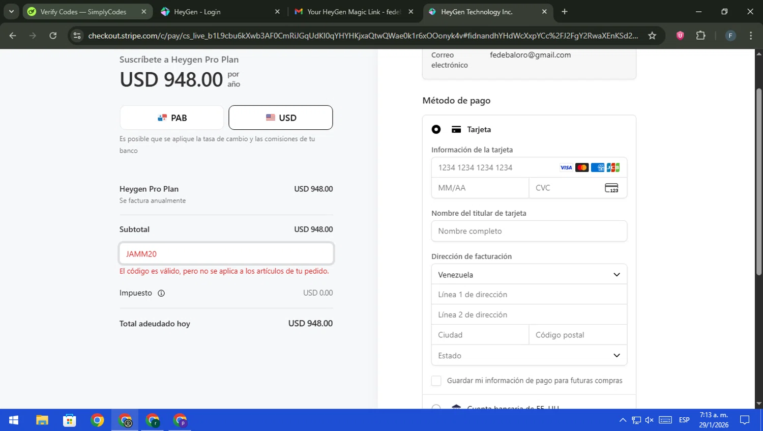 HeyGen checkout page showing HeyGen discount code box | Screenshot taken by SimplyCodes community member on Jan 29, 2026