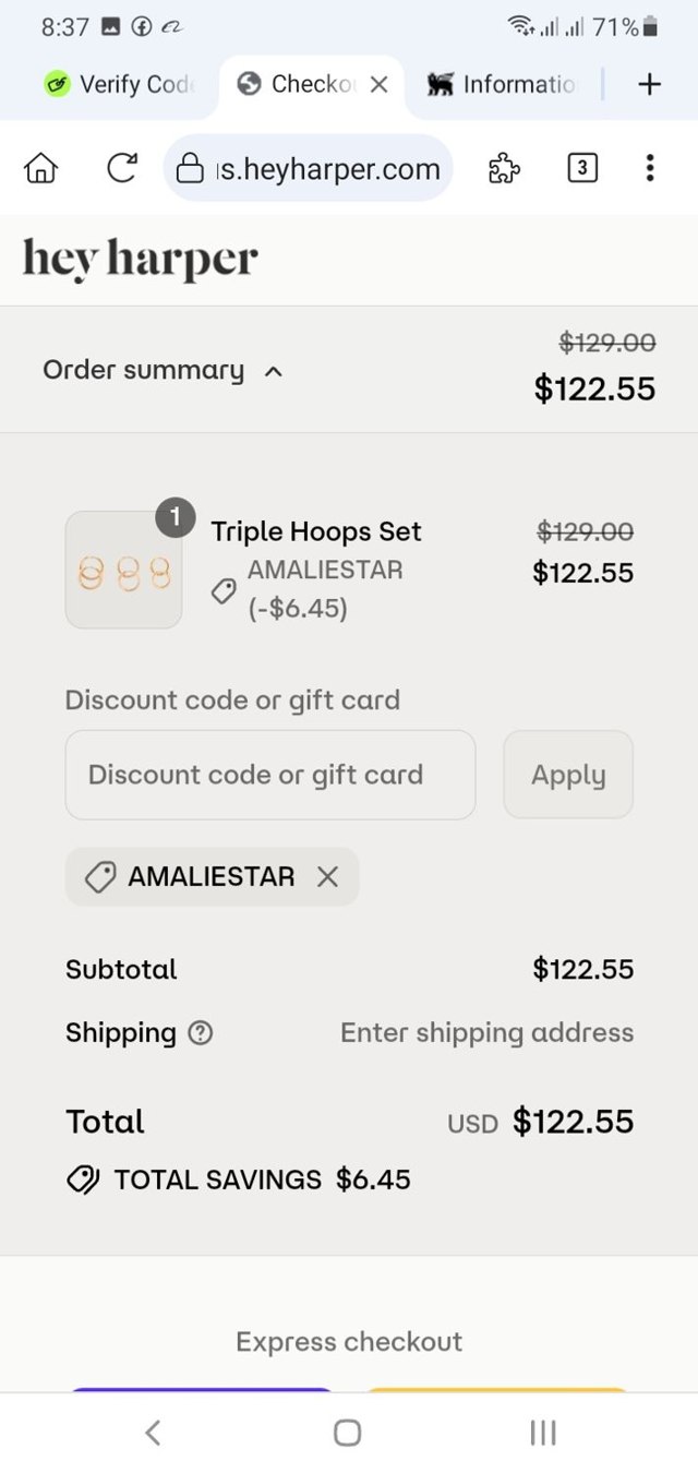 Hey Harper checkout page showing Hey Harper discount code box | Screenshot taken by SimplyCodes community member on Aug 14, 2025