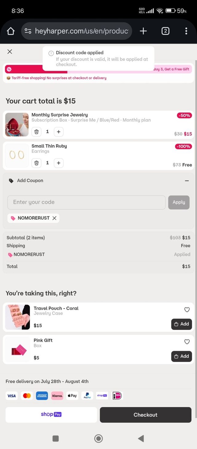 Hey Harper checkout page showing Hey Harper discount code box | Screenshot taken by SimplyCodes community member on Jul 25, 2025
