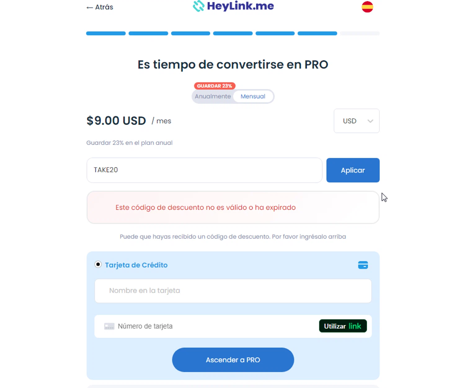 HeyLink.me promo code screenshot showing code TAKE20 applied at HeyLink.me checkout page. Uploaded by SimplyCodes community member cachirulo on Feb 4, 2025