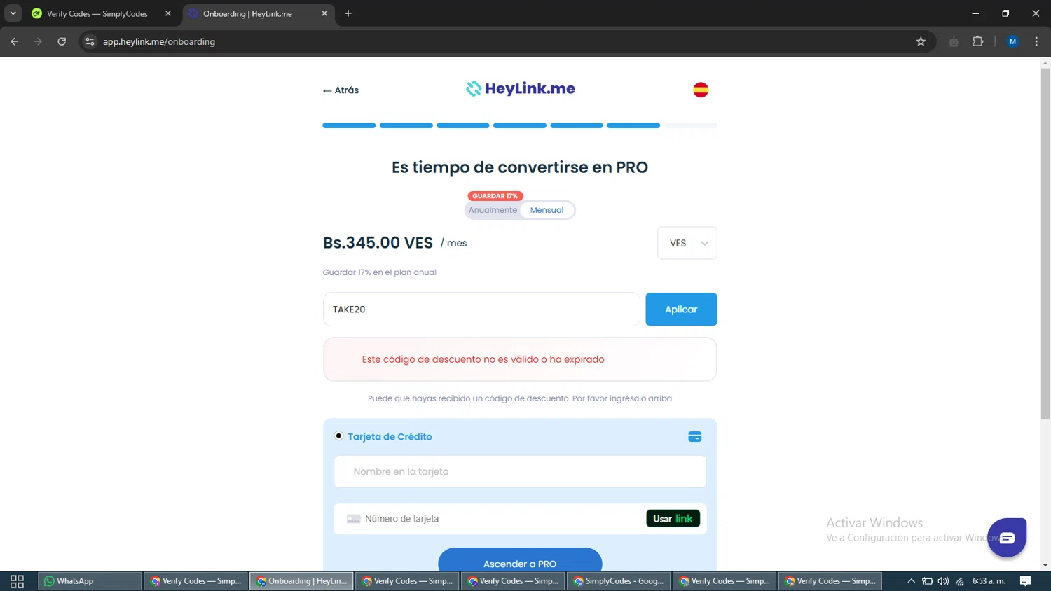 HeyLink.me promo code screenshot showing code TAKE20 applied at HeyLink.me checkout page. Uploaded by SimplyCodes community member EpicVoyager2820 on Feb 4, 2025