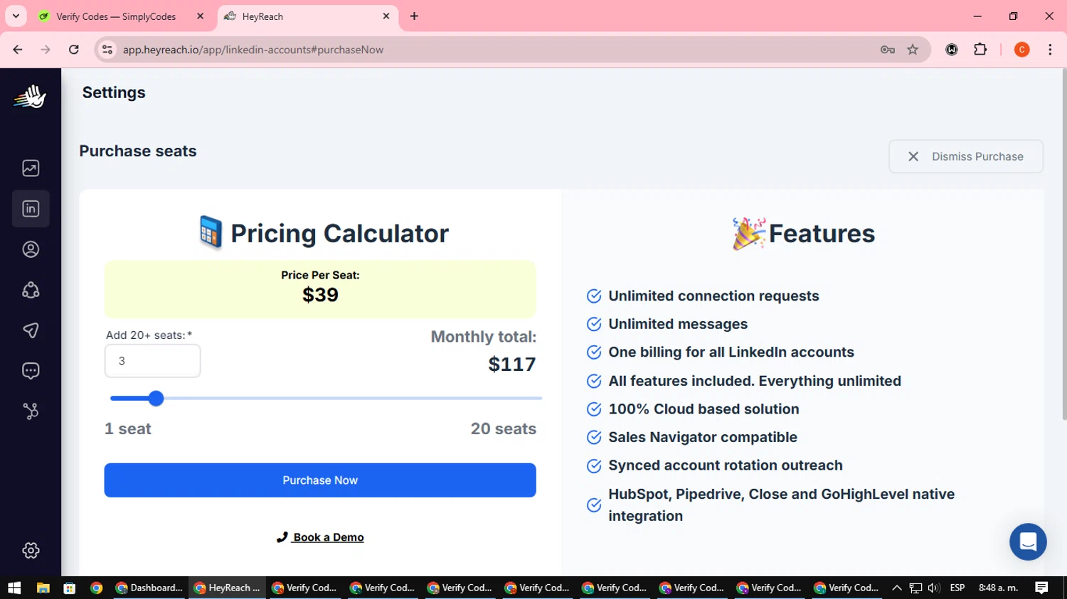 HeyReach checkout page showing HeyReach coupon code box | Screenshot taken by SimplyCodes community member on Jan 9, 2025