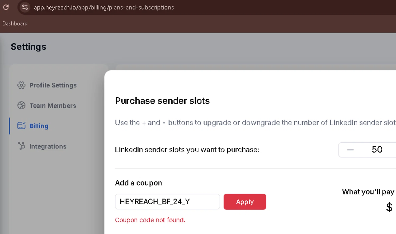 HeyReach coupon code screenshot showing code HEYREACH_BF_24_Y applied at HeyReach checkout page. Uploaded by SimplyCodes community member PumDaniel on Mar 19, 2025