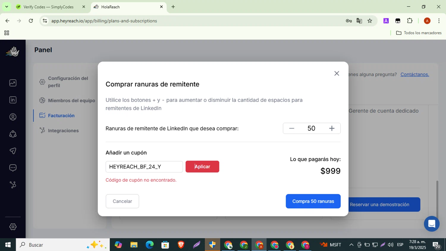 HeyReach coupon code screenshot showing code HEYREACH_BF_24_Y applied at HeyReach checkout page. Uploaded by SimplyCodes community member BonusShopper323 on Mar 19, 2025