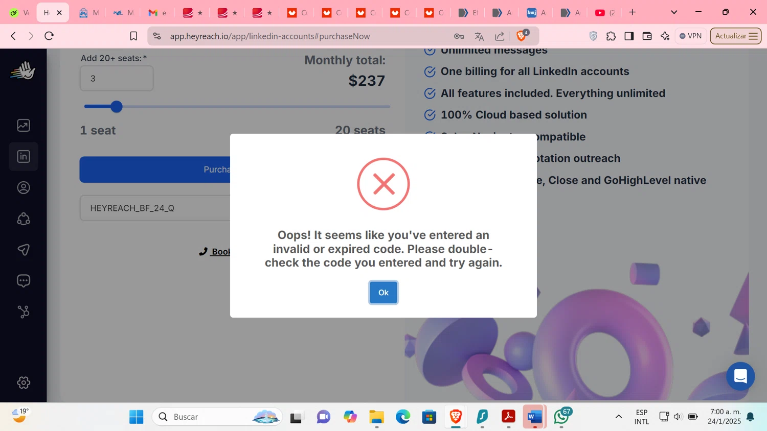 HeyReach coupon code screenshot showing code HEYREACH_BF_24_Q applied at HeyReach checkout page. Uploaded by SimplyCodes community member Tratala on Jan 24, 2025