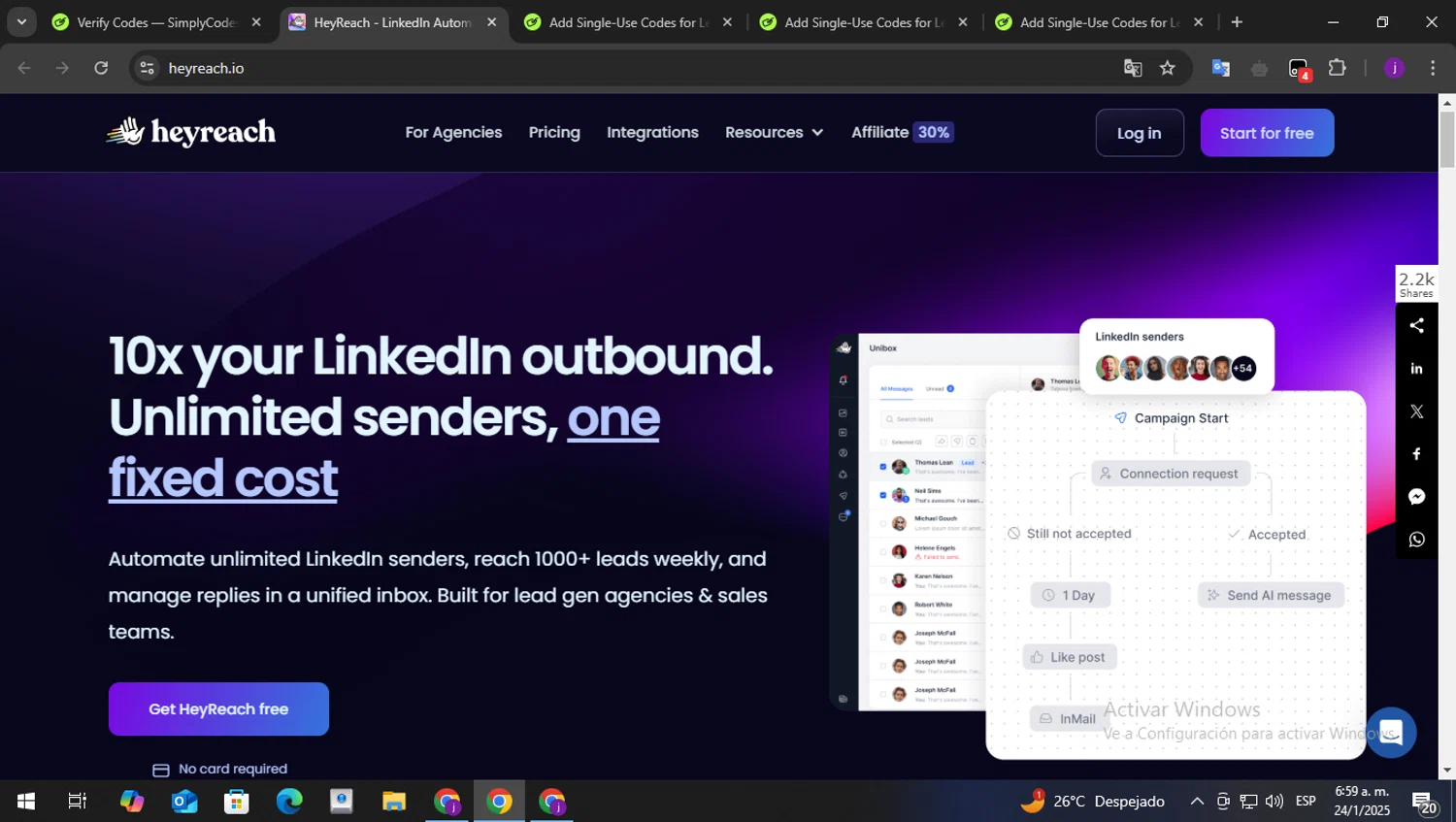 HeyReach coupon code screenshot showing code HEYREACH_BF_24_Q applied at HeyReach checkout page. Uploaded by SimplyCodes community member perry1 on Jan 24, 2025