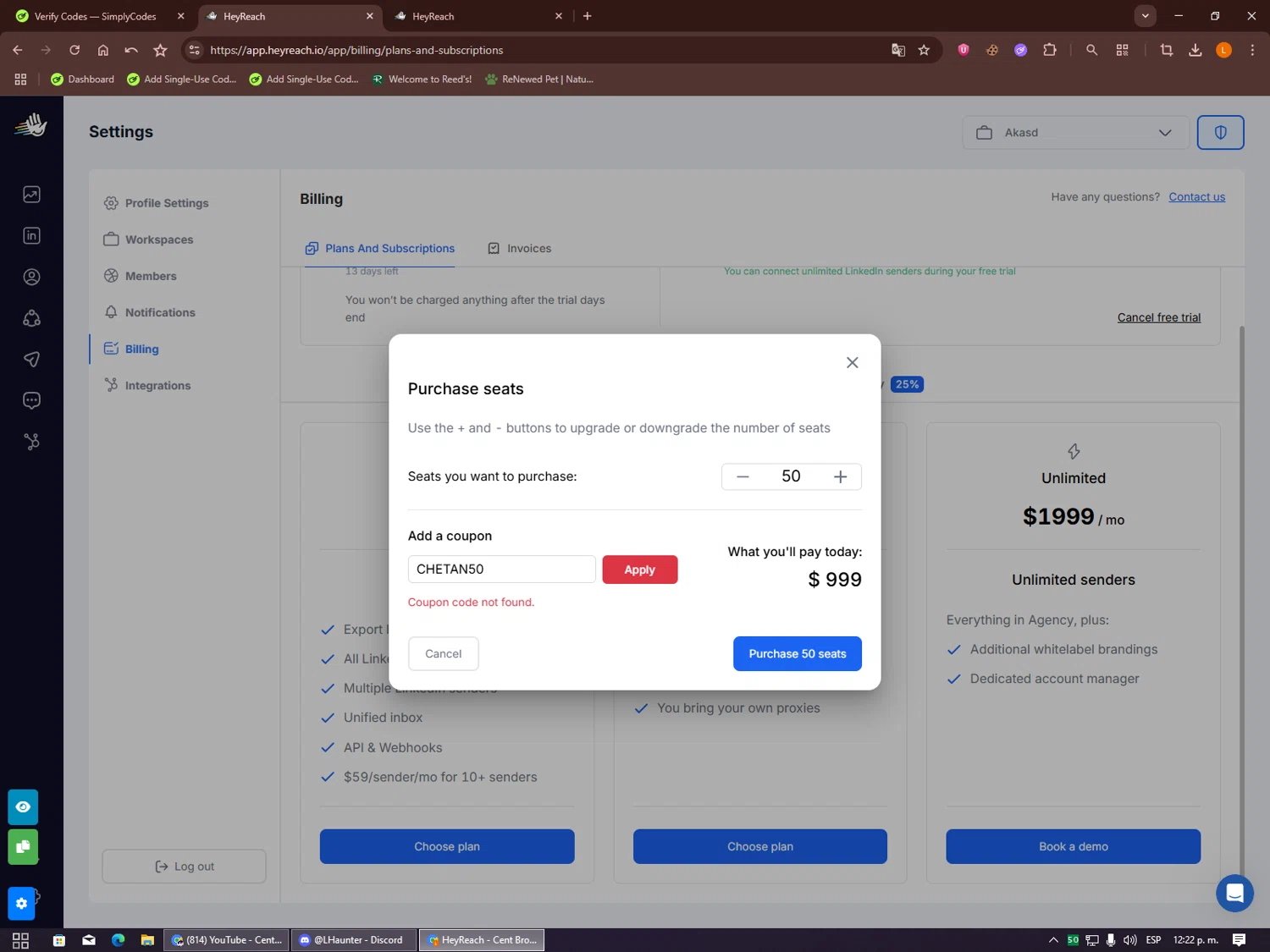 HeyReach coupon code screenshot showing code CHETAN50 applied at HeyReach checkout page. Uploaded by SimplyCodes community member Alalee on Sep 14, 2025