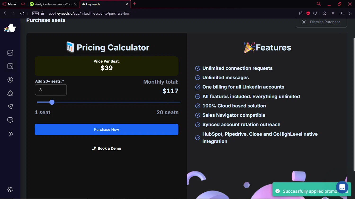 HeyReach checkout page showing HeyReach coupon code box | Screenshot taken by SimplyCodes community member on Feb 7, 2025