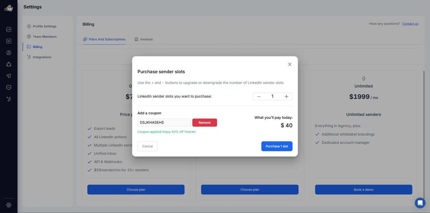 HeyReach coupon code screenshot showing code DSJKHASEHS applied at HeyReach checkout page. Uploaded by SimplyCodes community member Depressive on Apr 22, 2025