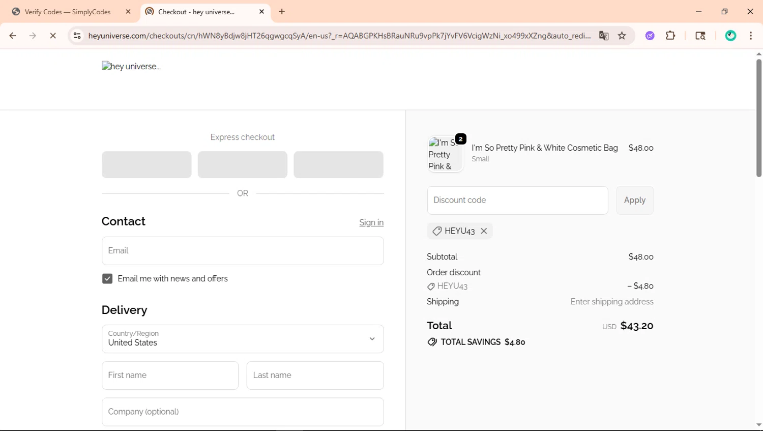hey universe... promo code screenshot showing code heyu43 applied at hey universe... checkout page. Uploaded by SimplyCodes community member ShieldLegend9691 on Feb 19, 2026