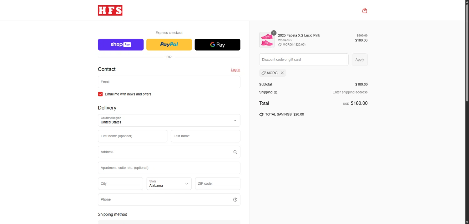 HFS Sport discount code screenshot showing code MORGI applied at HFS Sport checkout page. Uploaded by SimplyCodes community member TokenNavigator3088 on Jun 17, 2025