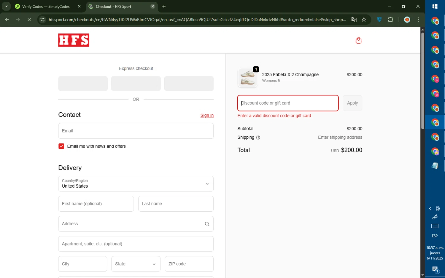 HFS Sport discount code screenshot showing code scareme applied at HFS Sport checkout page. Uploaded by SimplyCodes community member CashMaverick8128 on Nov 6, 2025