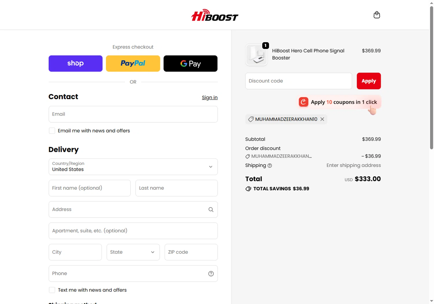 Hiboost promo code screenshot showing code MUHAMMADZEERAKKHAN10 applied at Hiboost checkout page. Uploaded by SimplyCodes community member Sadalsuud on Jun 12, 2026