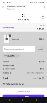 Welcome15 coupon verification screenshot