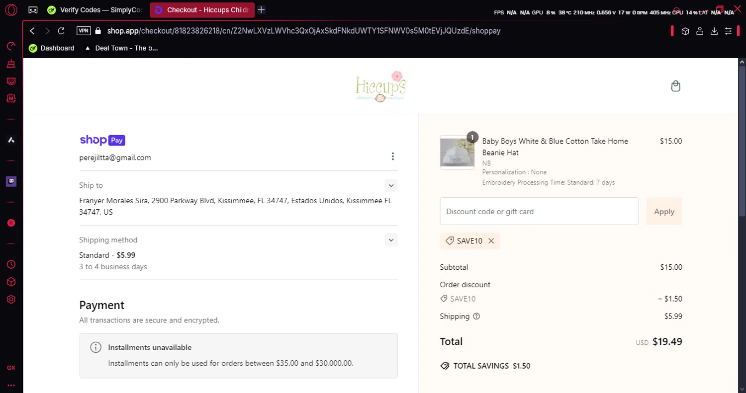 Hiccups Children's Boutique coupon code screenshot showing code SAVE10 applied at Hiccups Children's Boutique checkout page. Uploaded by SimplyCodes community member luissi on Dec 31, 2024