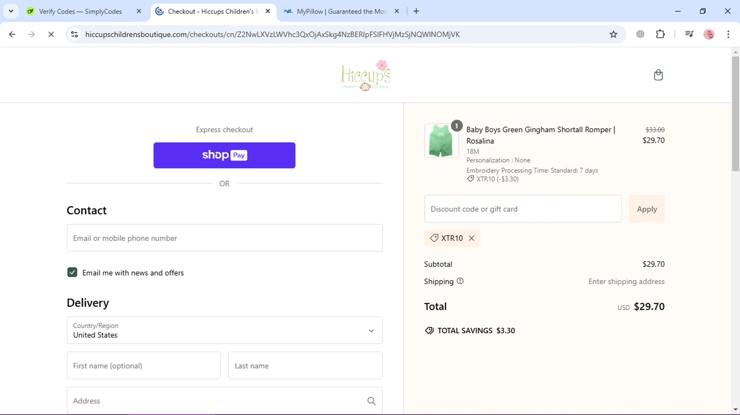 Hiccups Children's Boutique coupon code screenshot showing code XTR10 applied at Hiccups Children's Boutique checkout page. Uploaded by SimplyCodes community member GleywilmarReyes on Jan 10, 2025