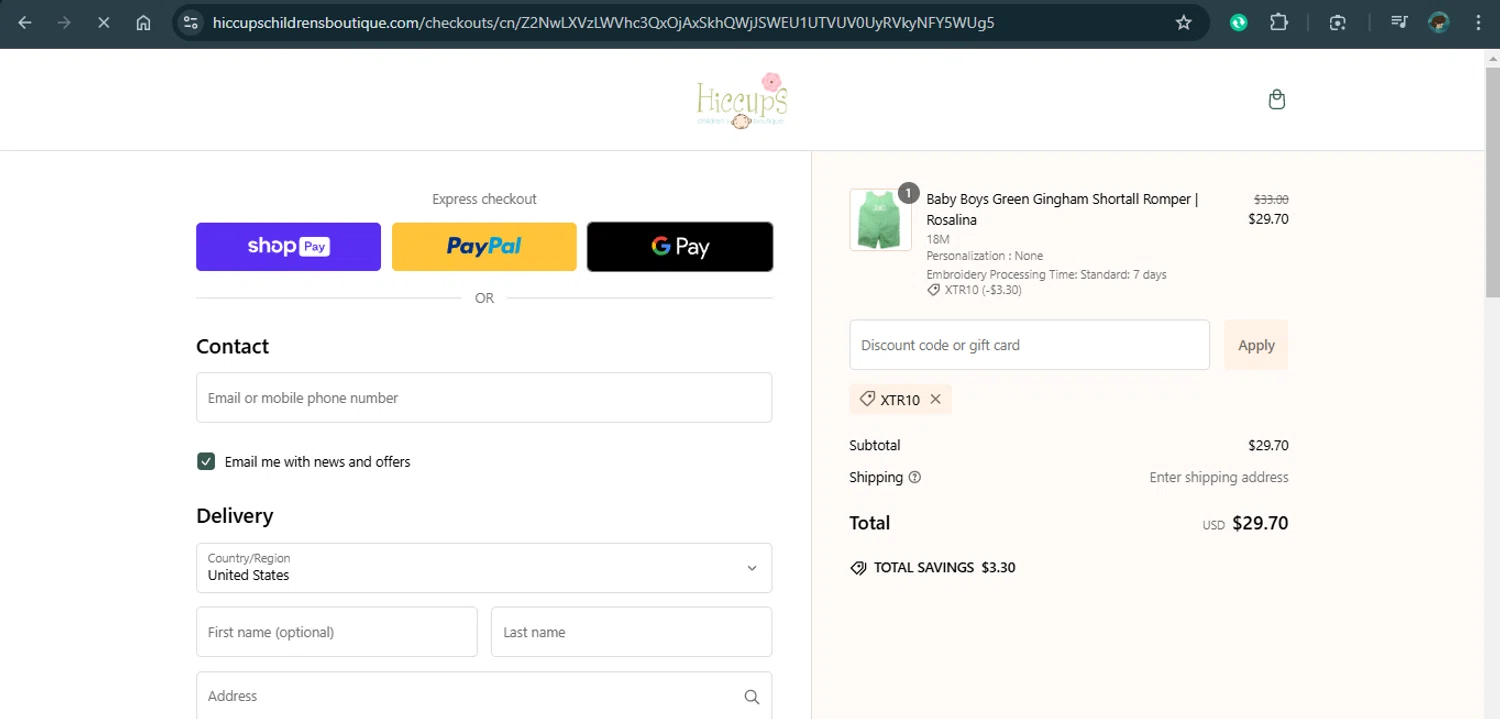Hiccups Children's Boutique coupon code screenshot showing code XTR10 applied at Hiccups Children's Boutique checkout page. Uploaded by SimplyCodes community member xAngel on Jan 16, 2025