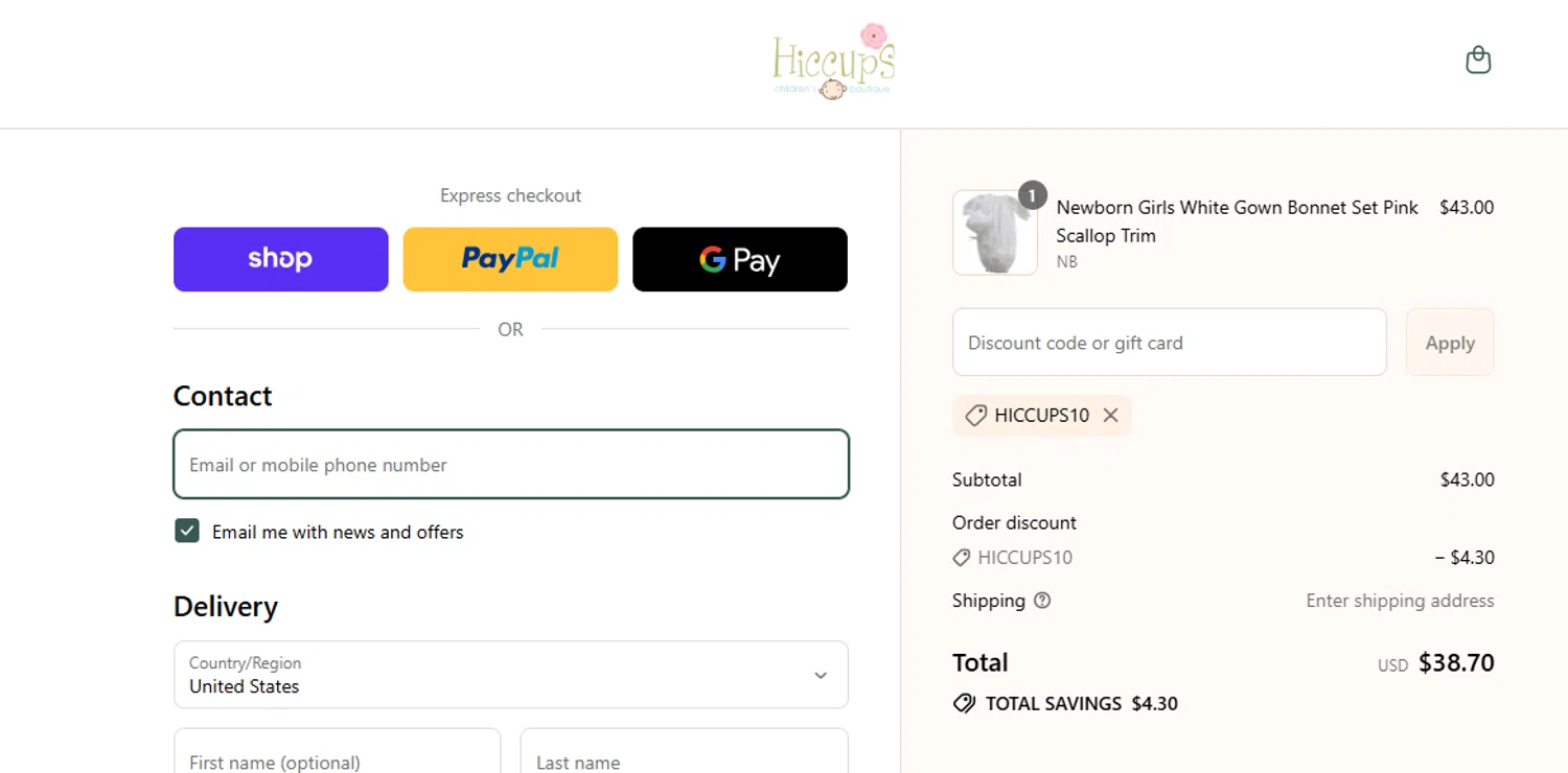 Hiccups Children's Boutique coupon code screenshot showing code HICCUPS10 applied at Hiccups Children's Boutique checkout page. Uploaded by SimplyCodes community member javierprez on Sep 15, 2025