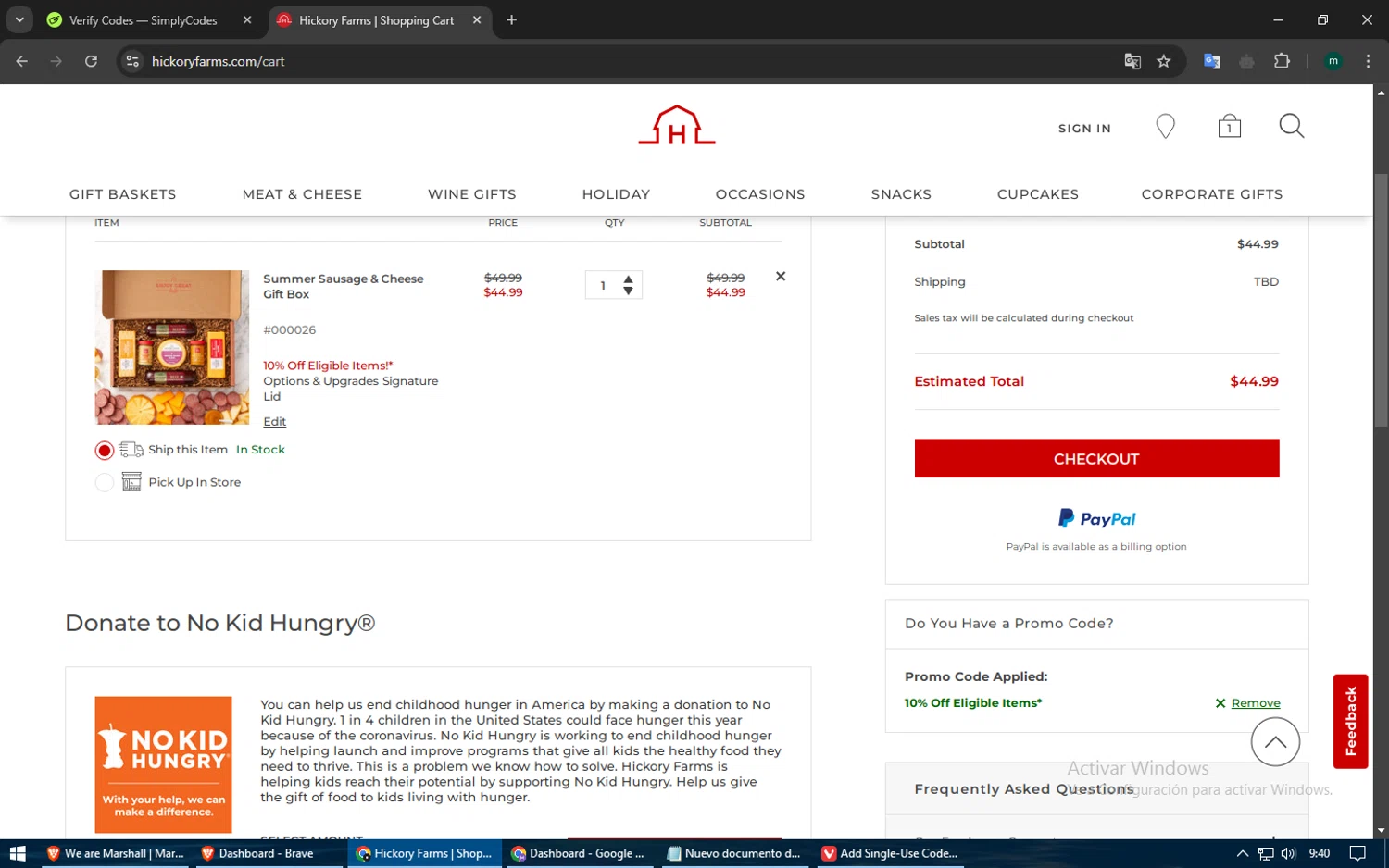 where to use Hickory Farms promo code box