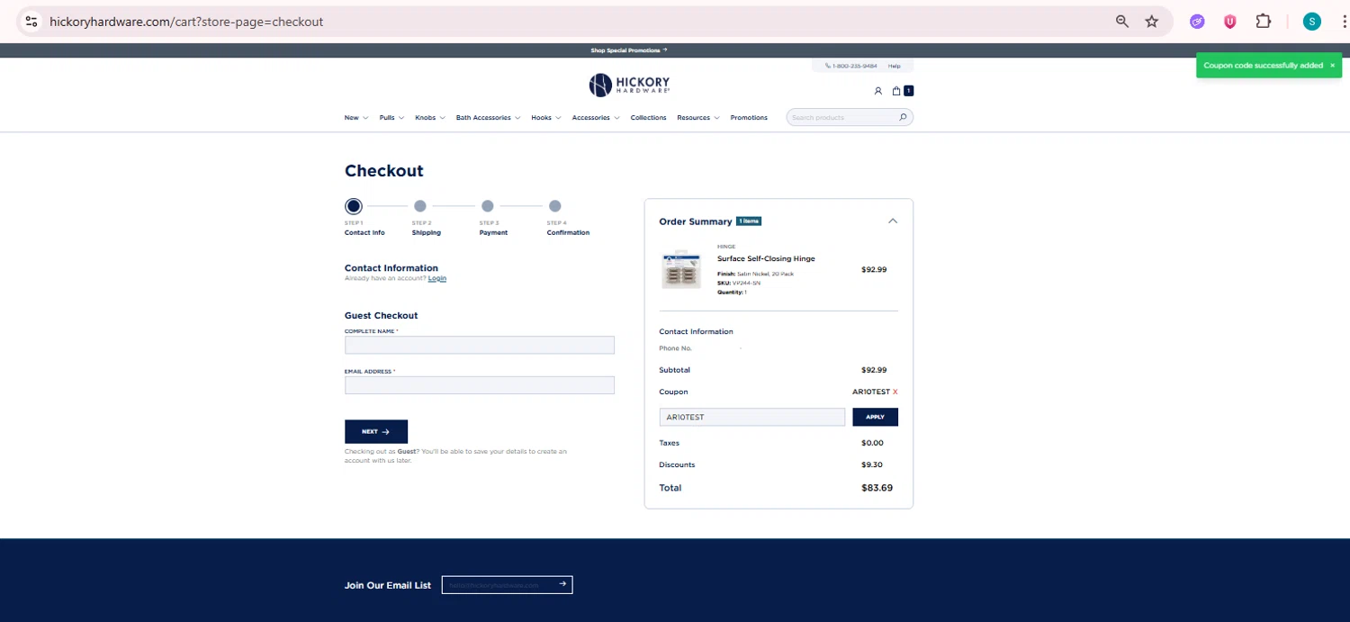Hickory Hardware discount code screenshot showing code AR10TEST applied at Hickory Hardware checkout page. Uploaded by SimplyCodes community member Teamgorila on Jun 22, 2025