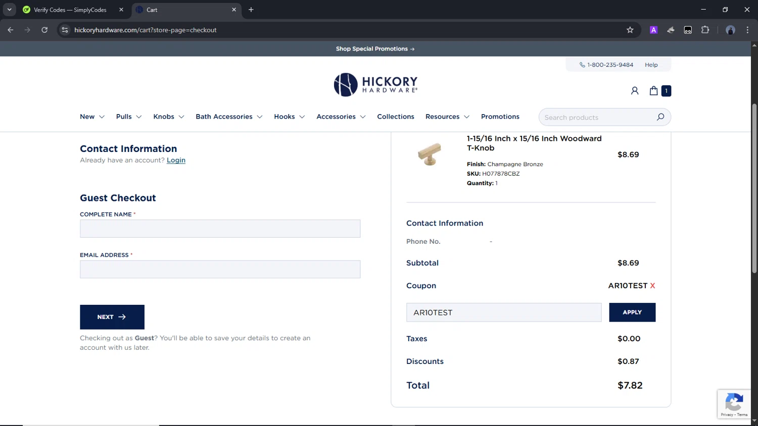 Hickory Hardware checkout page showing Hickory Hardware discount code box | Screenshot taken by SimplyCodes community member on Apr 27, 2025