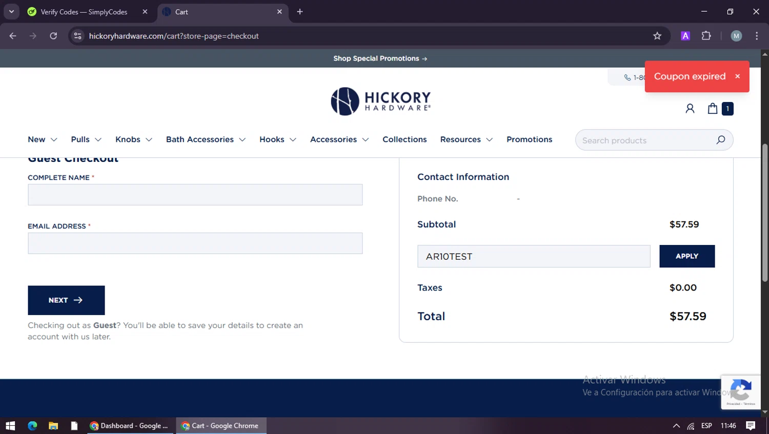 Hickory Hardware discount code screenshot showing code AR10TEST applied at Hickory Hardware checkout page. Uploaded by SimplyCodes community member maraxo on Jan 8, 2026