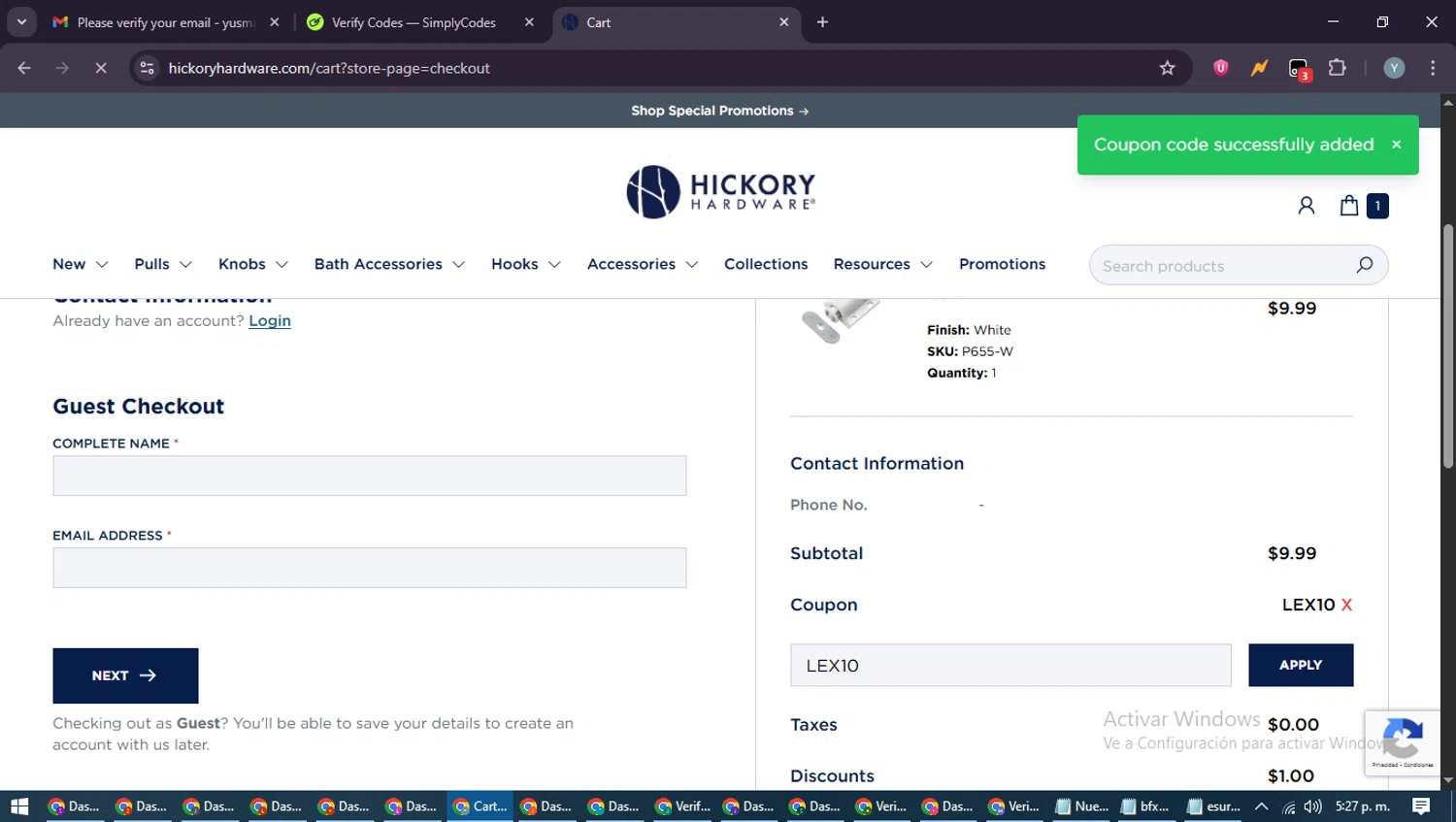 Hickory Hardware discount code screenshot showing code LEX10 applied at Hickory Hardware checkout page. Uploaded by SimplyCodes community member MoneyTiger5162 on Jun 8, 2025