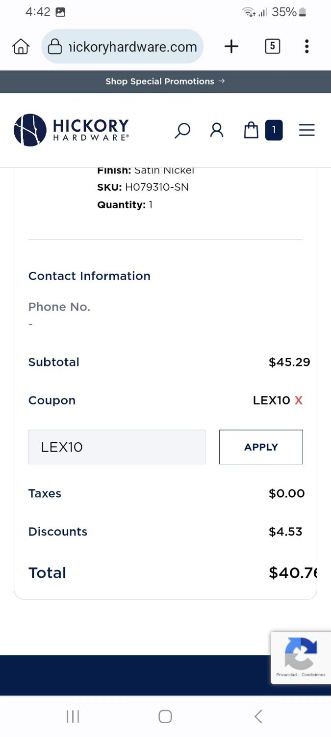Hickory Hardware checkout page showing Hickory Hardware discount code box | Screenshot taken by SimplyCodes community member on May 25, 2025