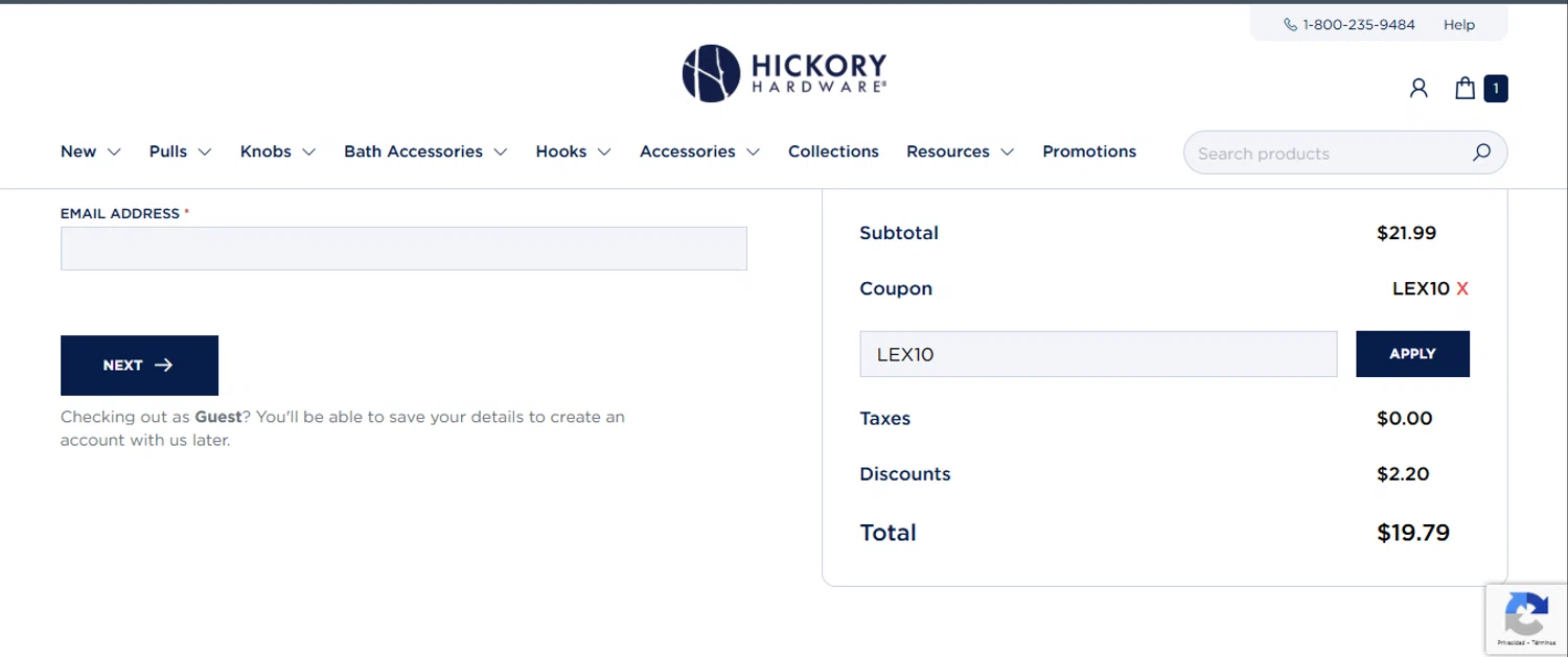 Hickory Hardware discount code screenshot showing code LEX10 applied at Hickory Hardware checkout page. Uploaded by SimplyCodes community member VoucherOwl4844 on Jun 22, 2025