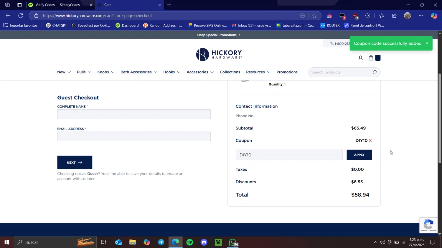 Hickory Hardware checkout page showing Hickory Hardware discount code box | Screenshot taken by SimplyCodes community member on Apr 27, 2025