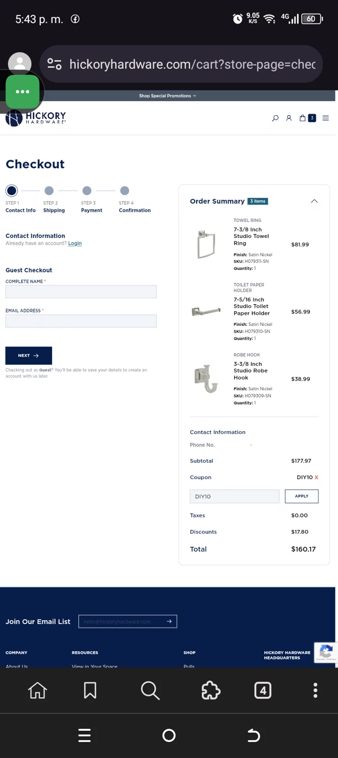 Hickory Hardware discount code screenshot showing code DIY10 applied at Hickory Hardware checkout page. Uploaded by SimplyCodes community member VillaloboY on Jun 15, 2025