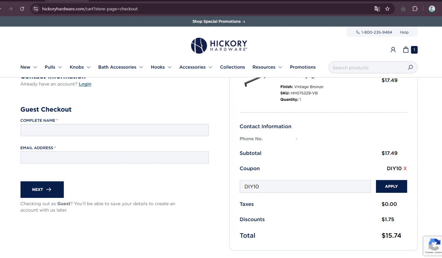 Hickory Hardware checkout page showing Hickory Hardware discount code box | Screenshot taken by SimplyCodes community member on May 25, 2025